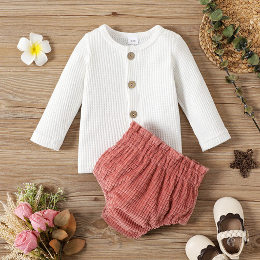 Baby Button Front Waffle Knit Top and Bloomer Set_0