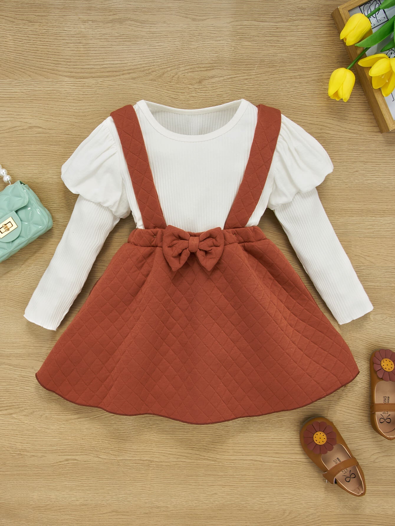 Girls Two-Tone Ribbed Top and Bow Pinafore Skirt Set_0