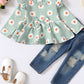 Baby Girl Daisy Print Peplum Top and Distressed Jeans Set_1