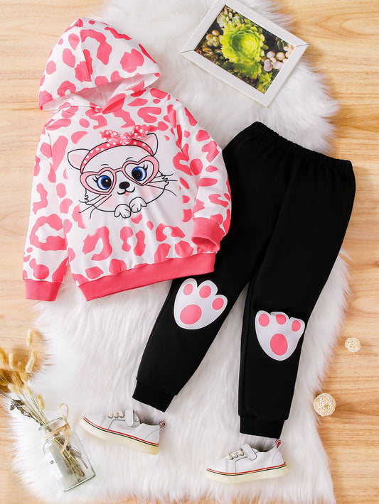 Cute Print Graphic Hoodie and Joggers Girls Set_0