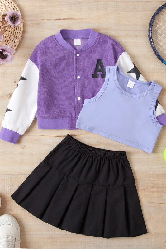 Girls Contrast Bomber Jacket, Tank, and Pleated Skirt Set_0