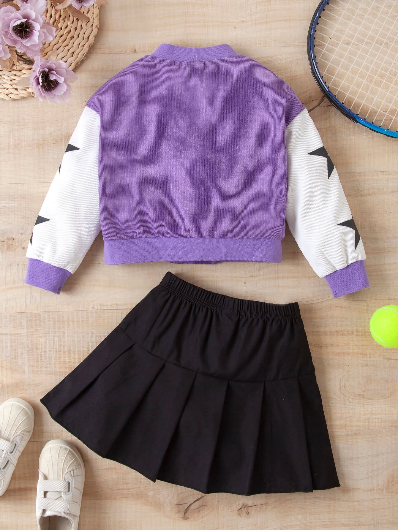 Girls Contrast Bomber Jacket, Tank, and Pleated Skirt Set_1
