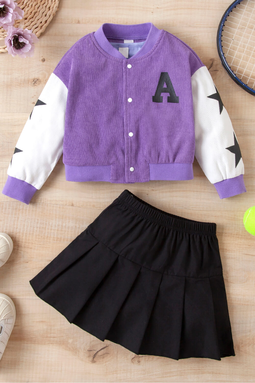 Girls Contrast Bomber Jacket, Tank, and Pleated Skirt Set_2