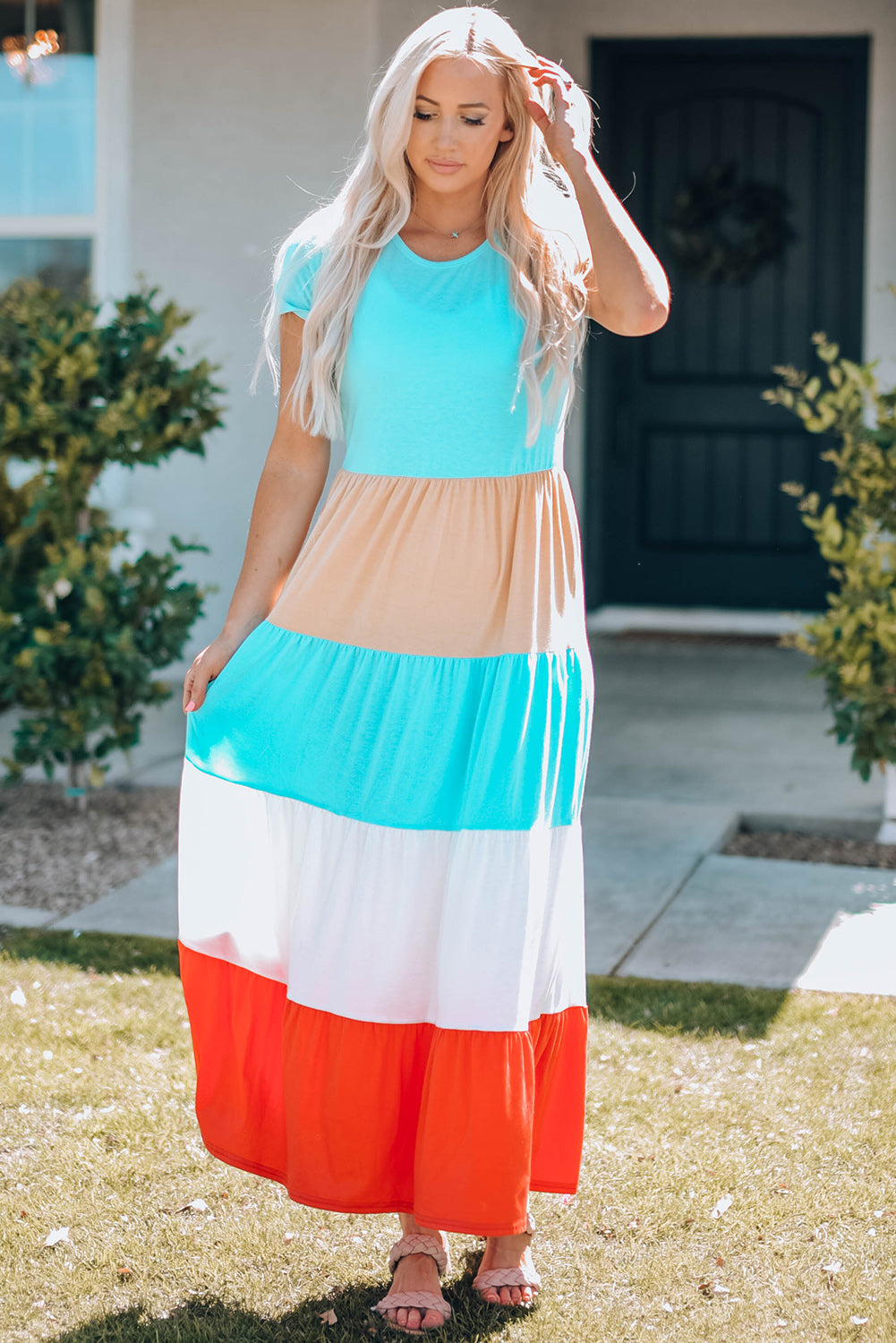 Color Block Round Neck Maxi Dress For Women_0