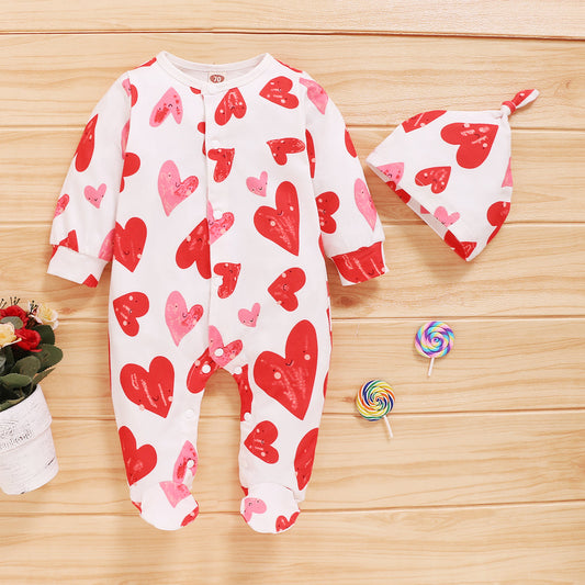 Cute Heart Print Jumpsuit with Beanie_0