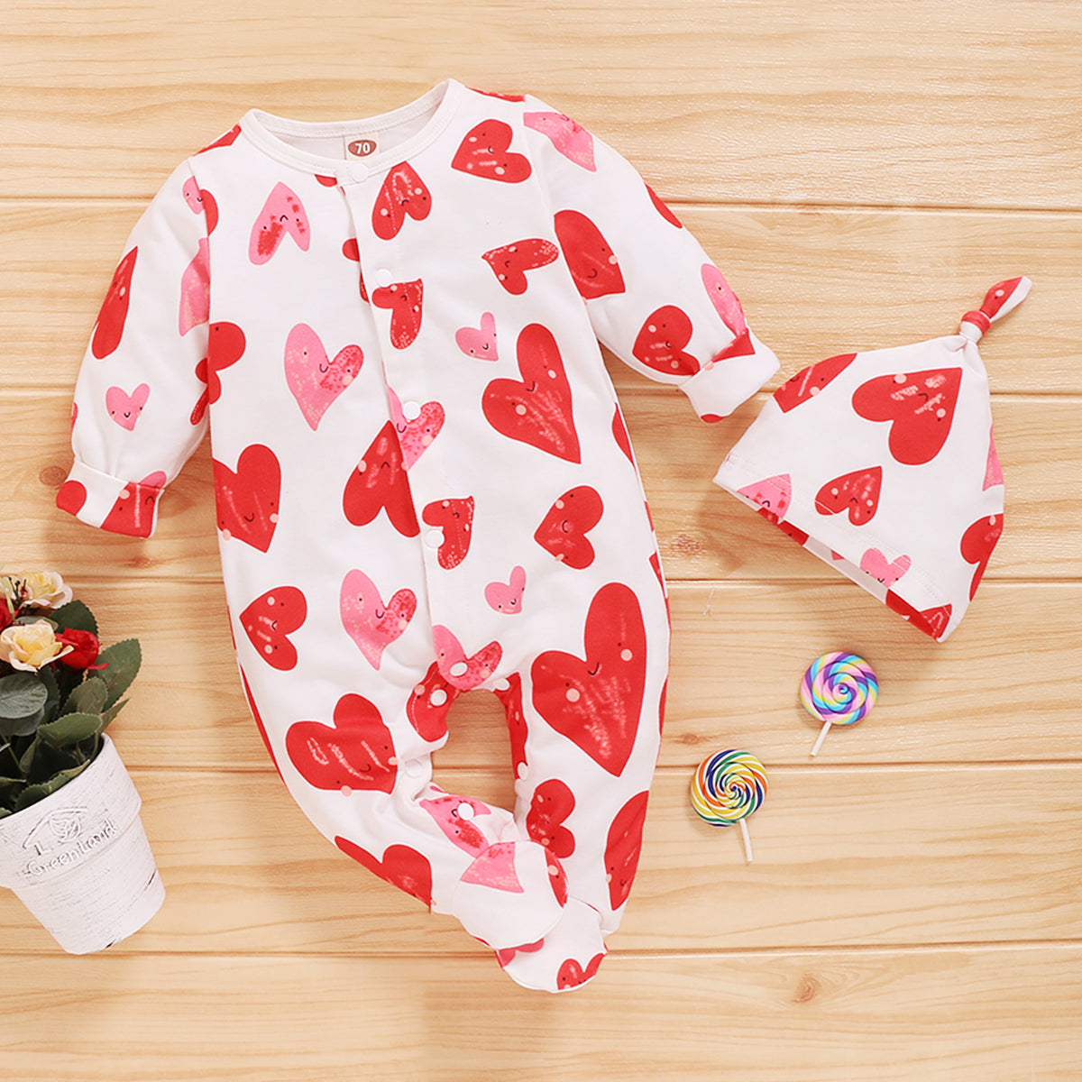 Cute Heart Print Jumpsuit with Beanie_2