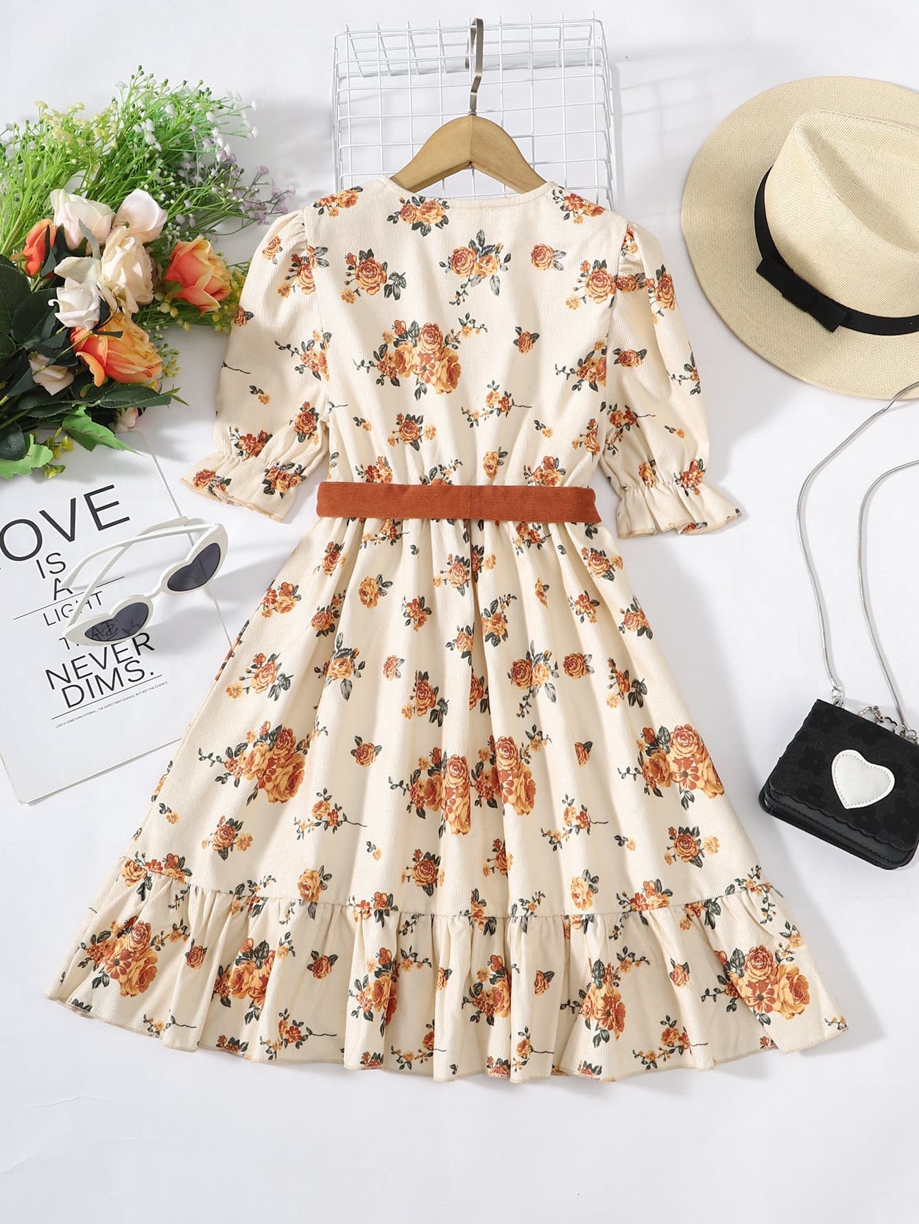 Girls Floral Tied Puff Sleeve Dress_1