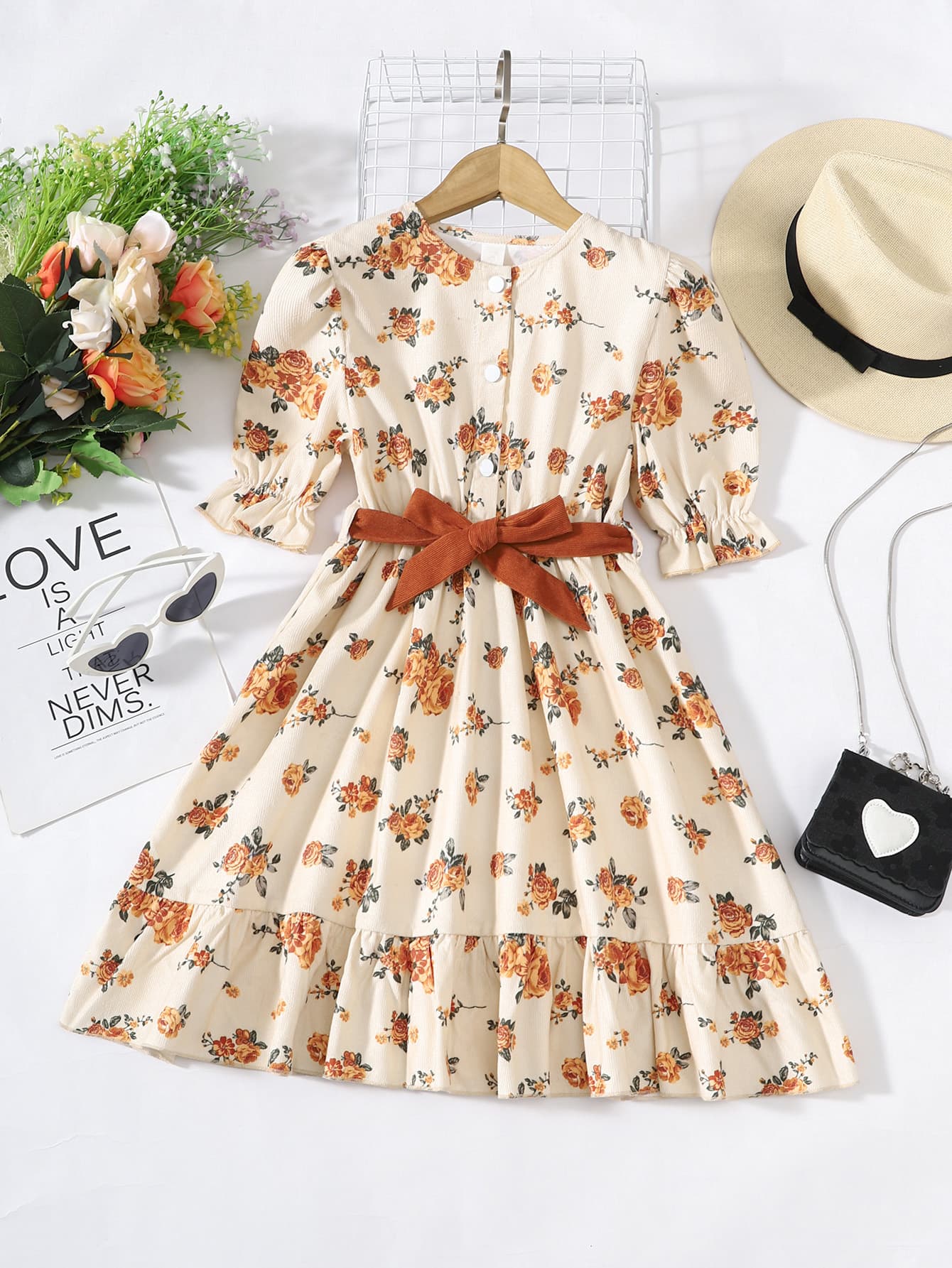 Girls Floral Tied Puff Sleeve Dress_0