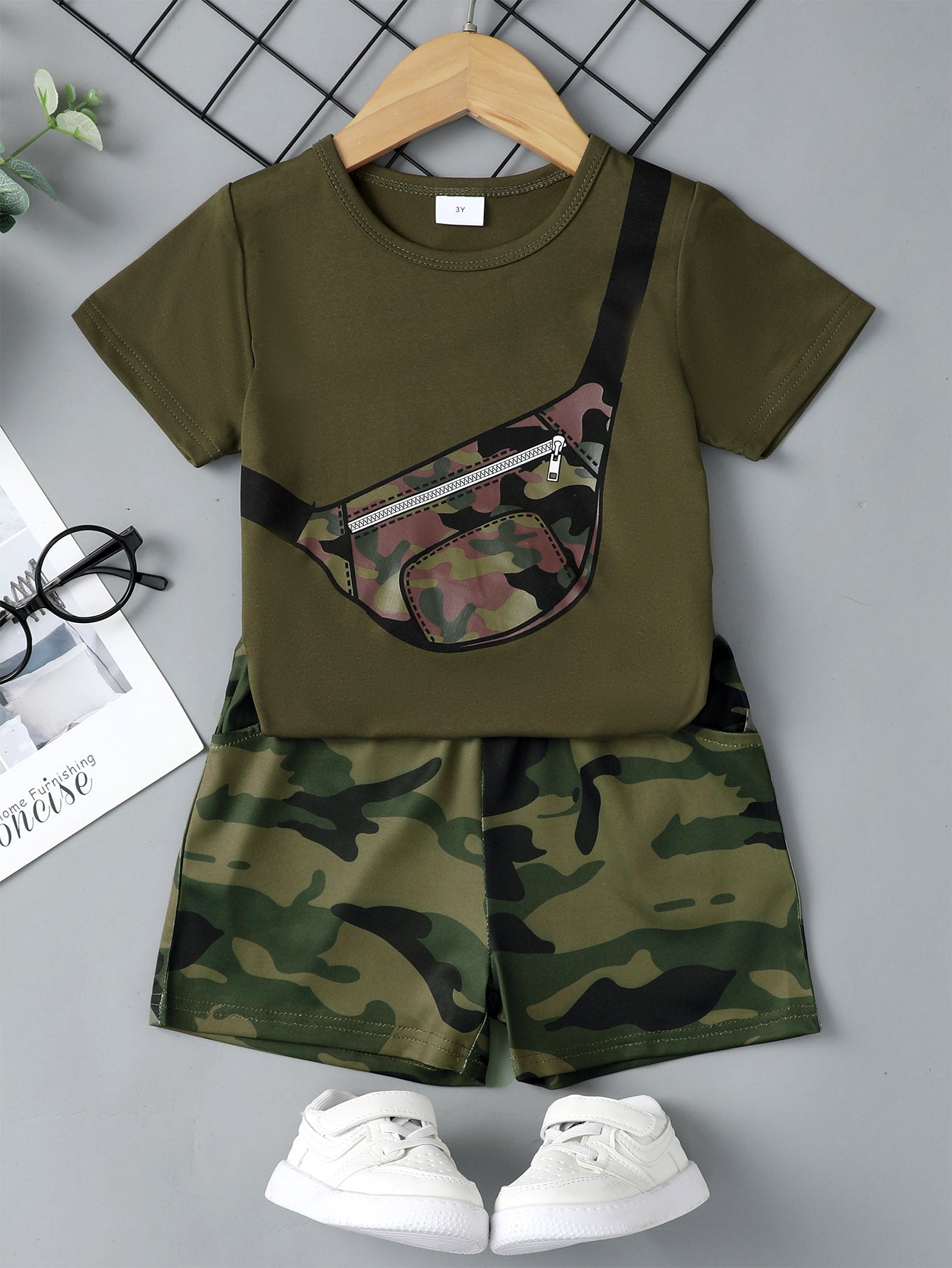 Boys Sling Bag Graphic and Camouflage Shorts Set_0