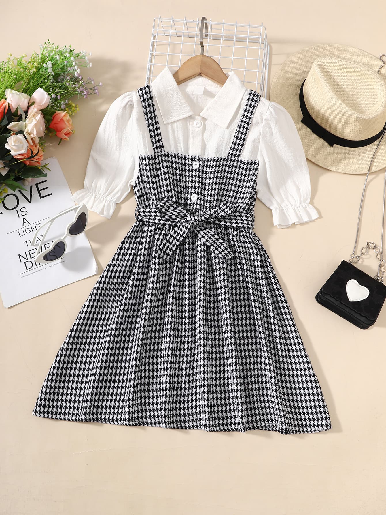 Girls Houndstooth Faux Layered Puff Sleeve Dress_0