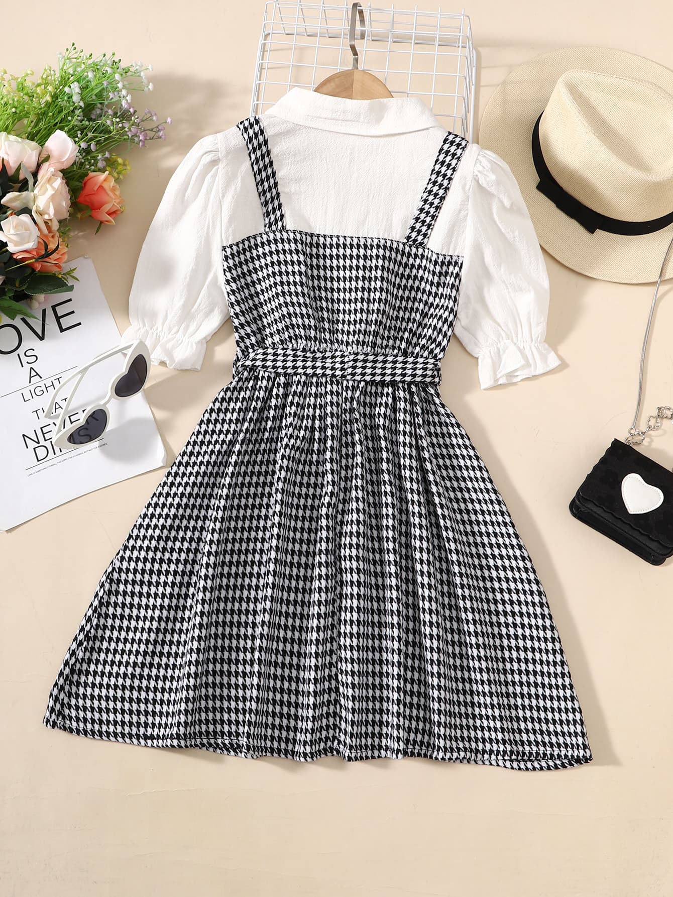 Girls Houndstooth Faux Layered Puff Sleeve Dress_1