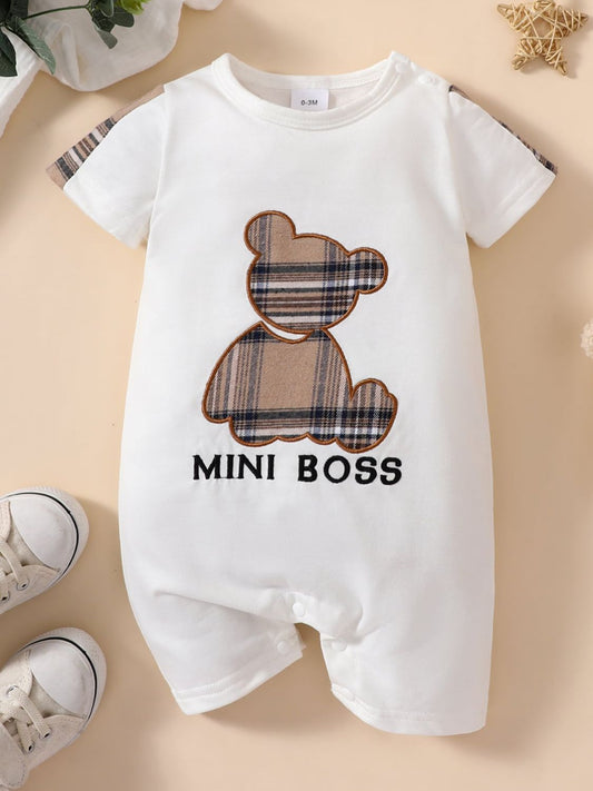 Baby MINI BOSS Bear Graphic Short Sleeve Jumpsuit_0