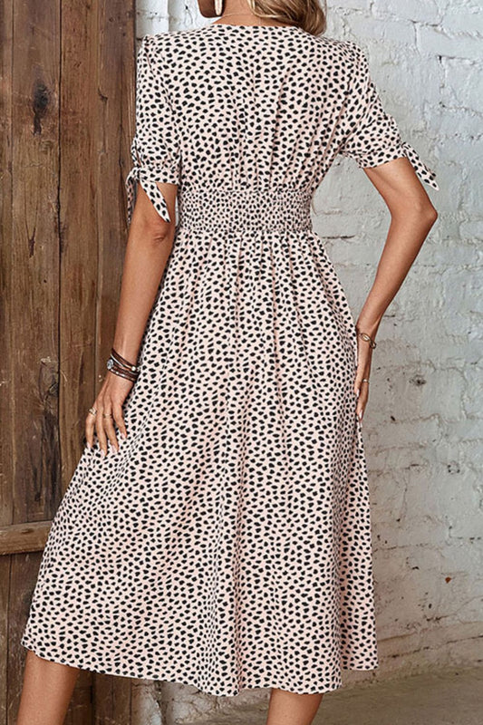 Animal Print Button Front V-Neck Tied Dress_1